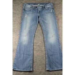 Silver Jeans Size 33 X31 Tuesday Distressed Embroidered Feathers Bootcut